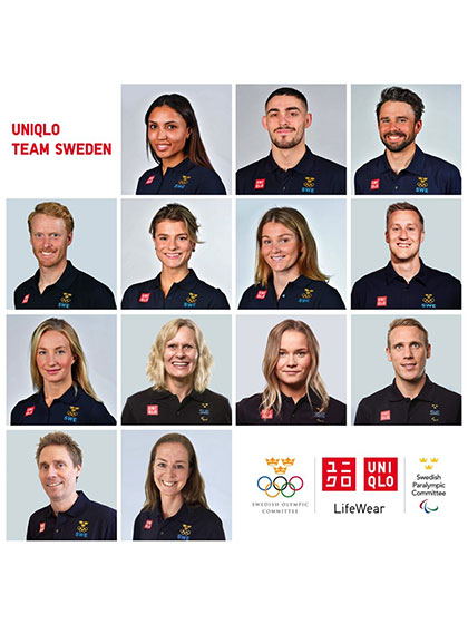 Text Team Uniqlo Sweden, porträttbilder på deltagarna i teamet, Agnes Alexiusson, Alex Kessidis, Anton Dahlberg, Fredrik Bergström, Jenny Rissveds, Linnea Stensils, Mattias Falck, Sofia Mattsson, Anna-Carin Ahlquist, Lina Watz, Tobias Jonsson, Jörgen Persson och Lotta Schelin. Logotyper för SOK, Uniqlo och Svenska Paralympiska Kommittén.