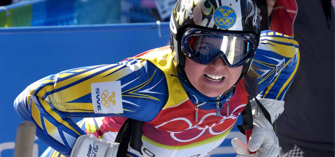 Sammanbiten Anja Pärson efter Super-G loppet i Turin 2006. Foto: TT