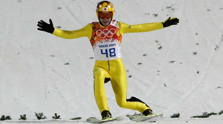 Japanske Noriaki Kasai tar brons i stora backen i Sotji 2014. Foto: TT