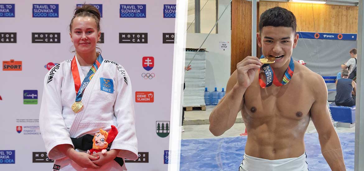 Collage av två bilder, en tjej i judodräkt med guldmedalj runt halsen till vänster och en kille i bar överkropp som biter i en guldmedalj till höger.