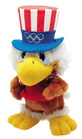 En tygörn med stormhatt i den amerikanska flaggans färger.